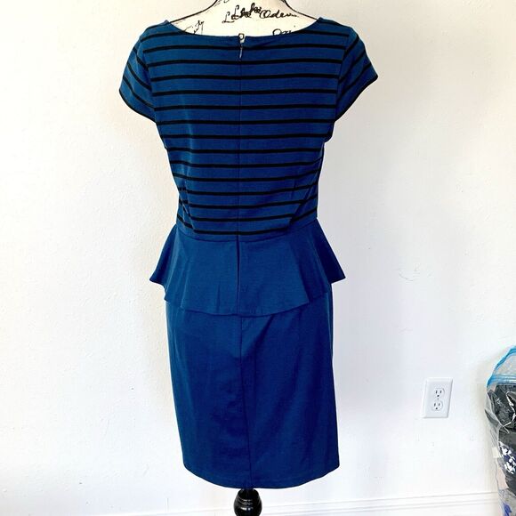 Elle Womens Medium Dress Peplum Cap Sleeve Blue Black Striped Midi Stretch - Picture 2 of 4